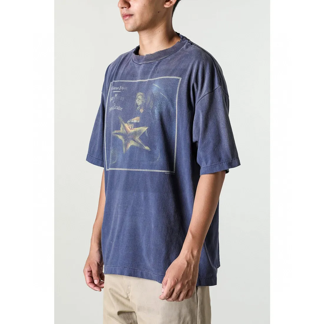 CACTUS PLANT FLEA MARKET x SAINT Mxxxxxx STAR SS TEE/NAVY New CPFM star smiley holed distressed short sleeves Washed blue S-XL Genuine consistent tube weaving without side seams High weight OE yarn fabric Assute dyeing Multiple horse fades Heavy wash water Worn holes Customized joint main mark/wash mark/little angel anti-counterfeiting label